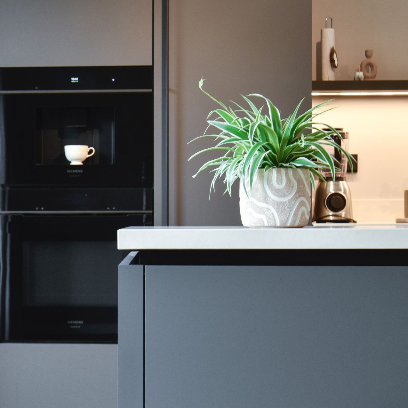 Keukeneiland met antraciet fronten, een plant en inbouwapparatuur in een keuken van Gemar